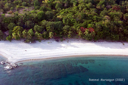 Aerial photo of the beach and fish sanctuary in front of La Luz resort on the west side.
As can be seen from the photo, the west side has interesting coral reefs that are very
close to the beach. One need not go farther to enjoy snorkling or fishing.
Photo by:: rmargan (2002)