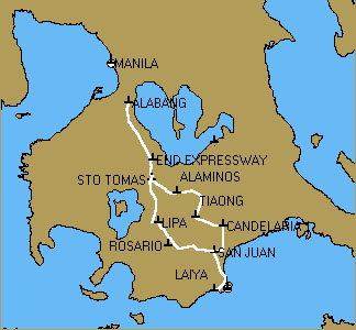 Route/Map, Alabang to Laiya showing the two possible routes.
Photo by:: EPPGarcia (2003)